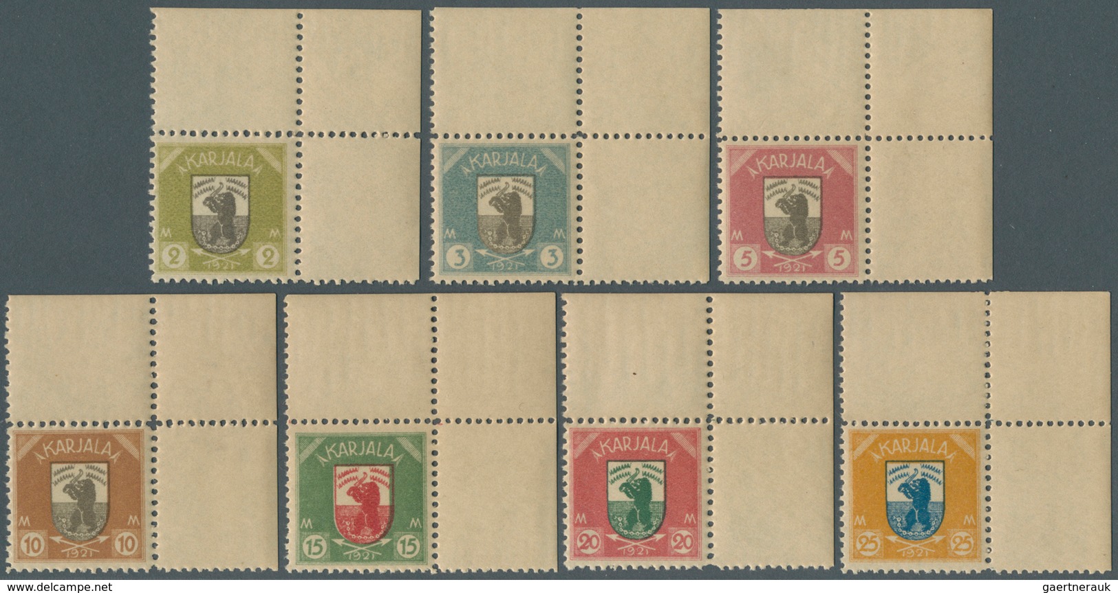 14900 Karelien: 1922. Complete Definitives Set In Corner Single Stamps. Consistently From The Upper Right - Lettres & Documents