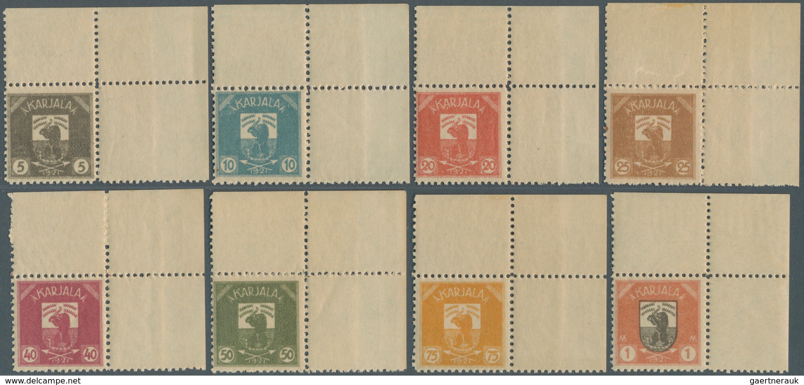 14900 Karelien: 1922. Complete Definitives Set In Corner Single Stamps. Consistently From The Upper Right - Storia Postale