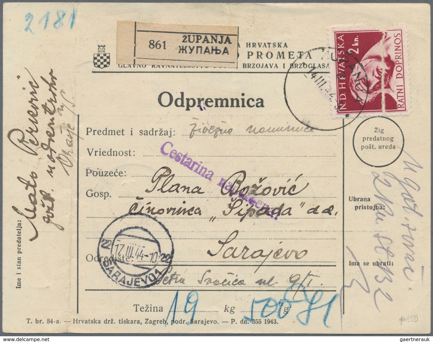 14921 Kroatien - Besonderheiten: 1944, Dienst-Paketkarte Von Zupanja (14.3.1944) Nach Sarajevo, Für Paket - Croatie