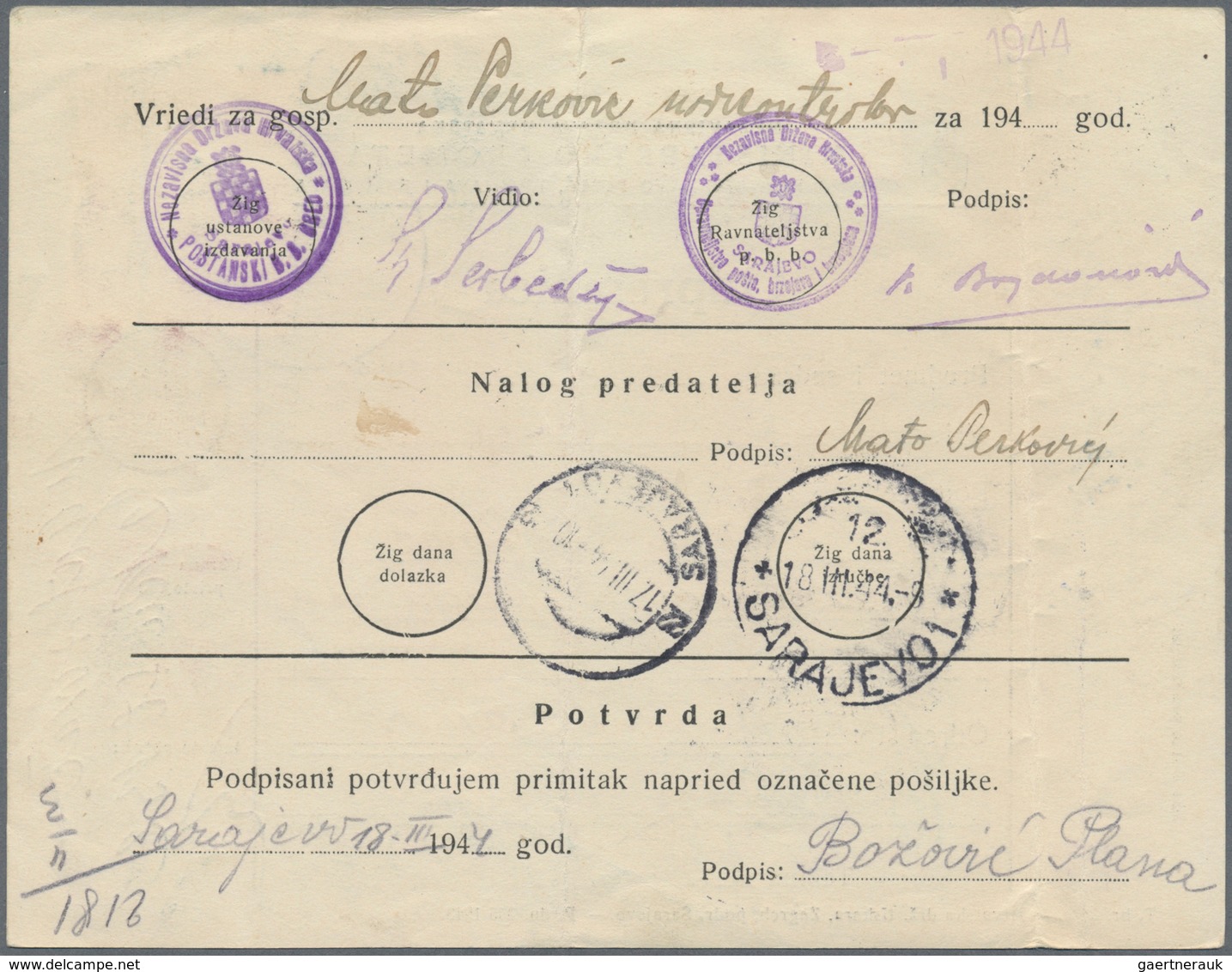 14921 Kroatien - Besonderheiten: 1944, Dienst-Paketkarte Von Zupanja (14.3.1944) Nach Sarajevo, Für Paket - Kroatien