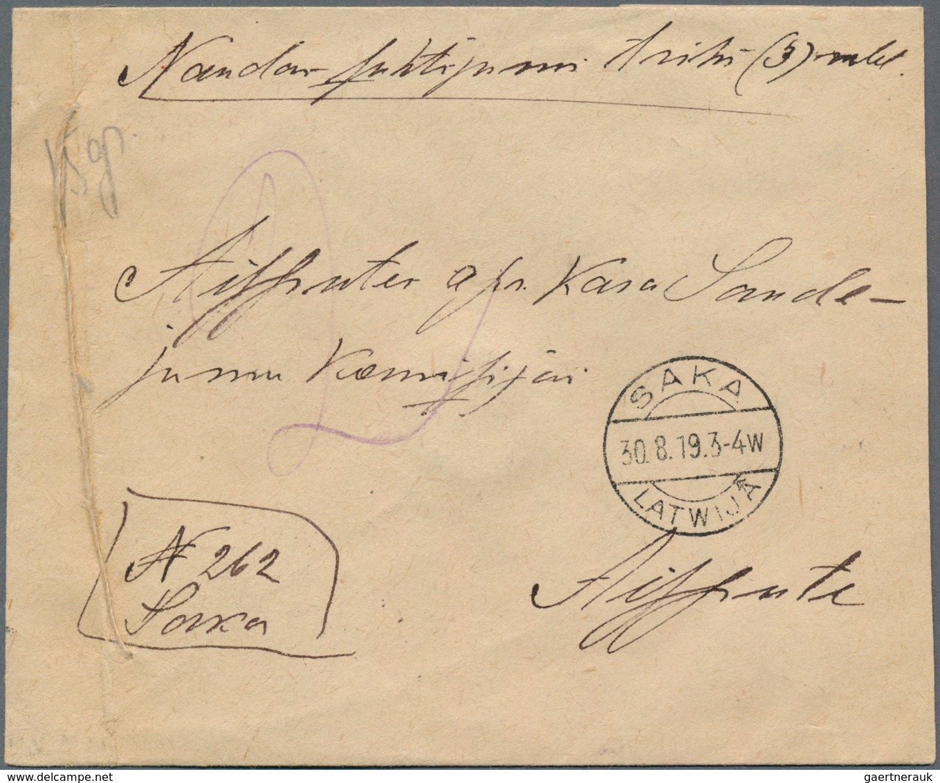 14927 Lettland: 1919, Provisional Money Letter With Franking On Reverse From SAKA 30.8.19, With Another Po - Lettonie