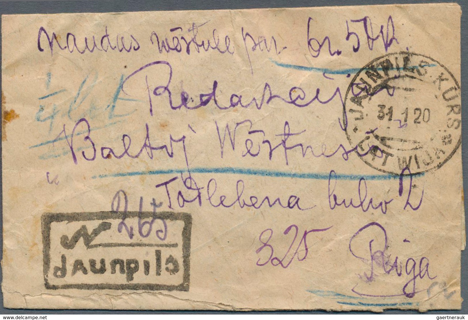 14929 Lettland: 1920/1924, Two Insured Letters: JAUNPILS 31.1.20 6.50rbl. To Riga; TALSI 29.2.24 104lat. T - Lettonia