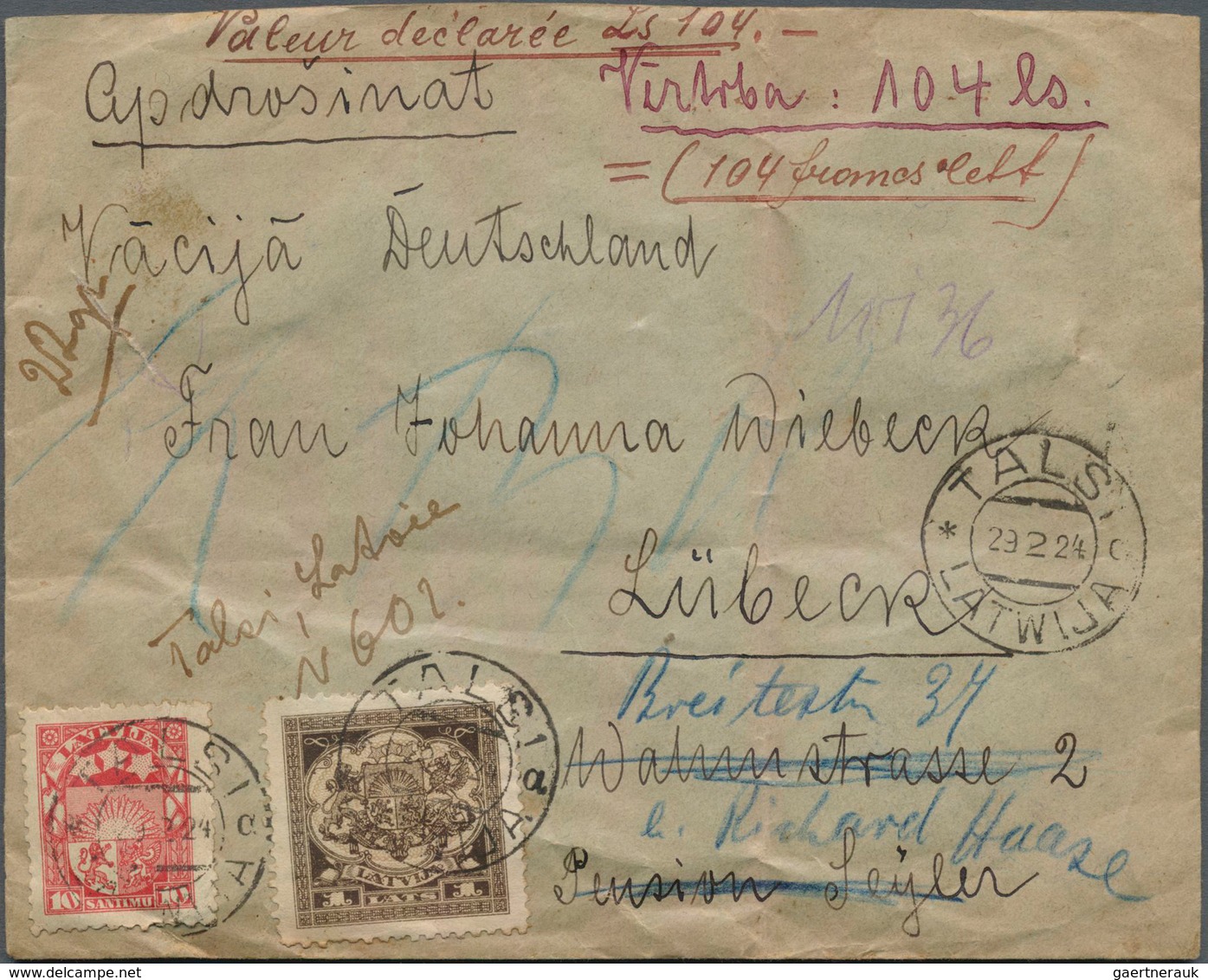 14929 Lettland: 1920/1924, Two Insured Letters: JAUNPILS 31.1.20 6.50rbl. To Riga; TALSI 29.2.24 104lat. T - Lettonia