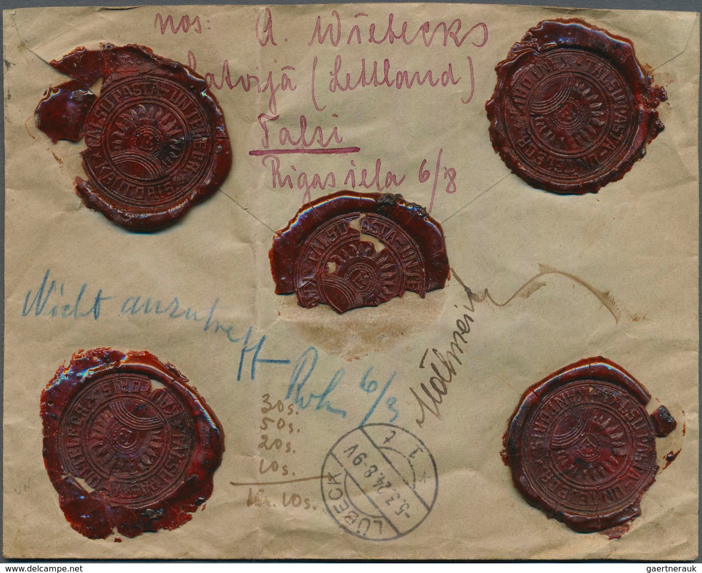 14929 Lettland: 1920/1924, Two Insured Letters: JAUNPILS 31.1.20 6.50rbl. To Riga; TALSI 29.2.24 104lat. T - Lettonia