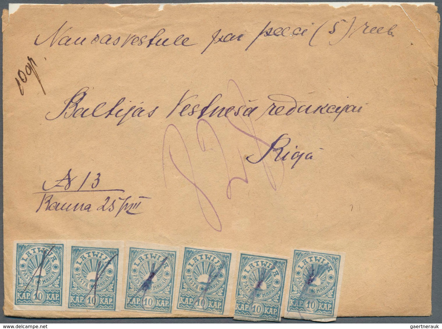 14930 Lettland: 1919, 10kop. Light Blue Imperf., Six Copies On Insured Letter 5rbl./10gr., Oblit. By Penst - Lettonie
