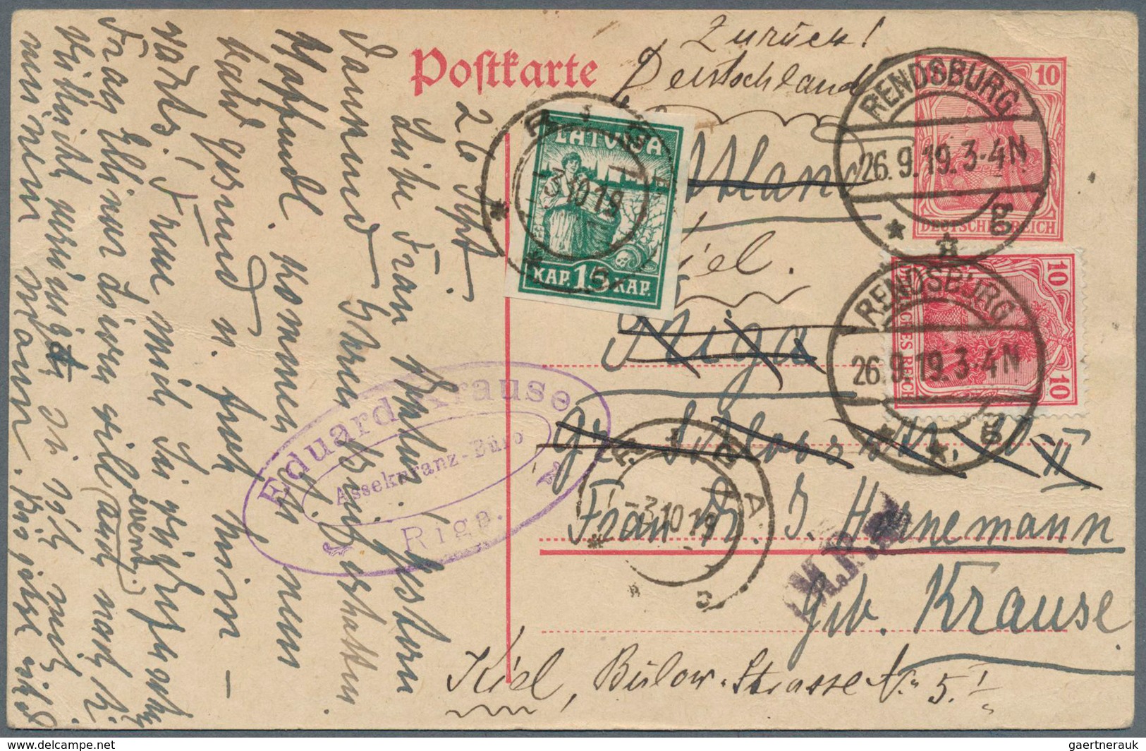 14931 Lettland: 1919, Germany: 10 Pf Red Germania Psc, Uprated With 10 Pf Carmine-red Germania From RENDSB - Lettonie