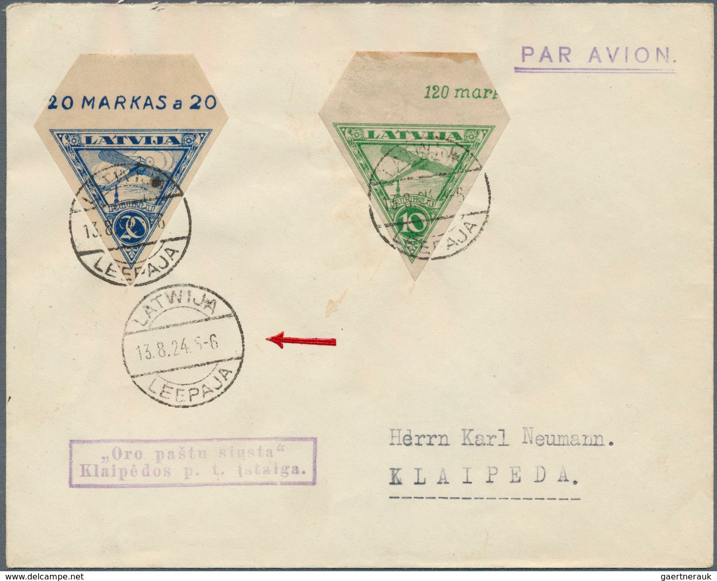 14934 Lettland: 1924, 10r. Green And 20r. Blue, Two Top Marginal Copies On Airmail Cover From "LEEPAJA 13. - Lettonie