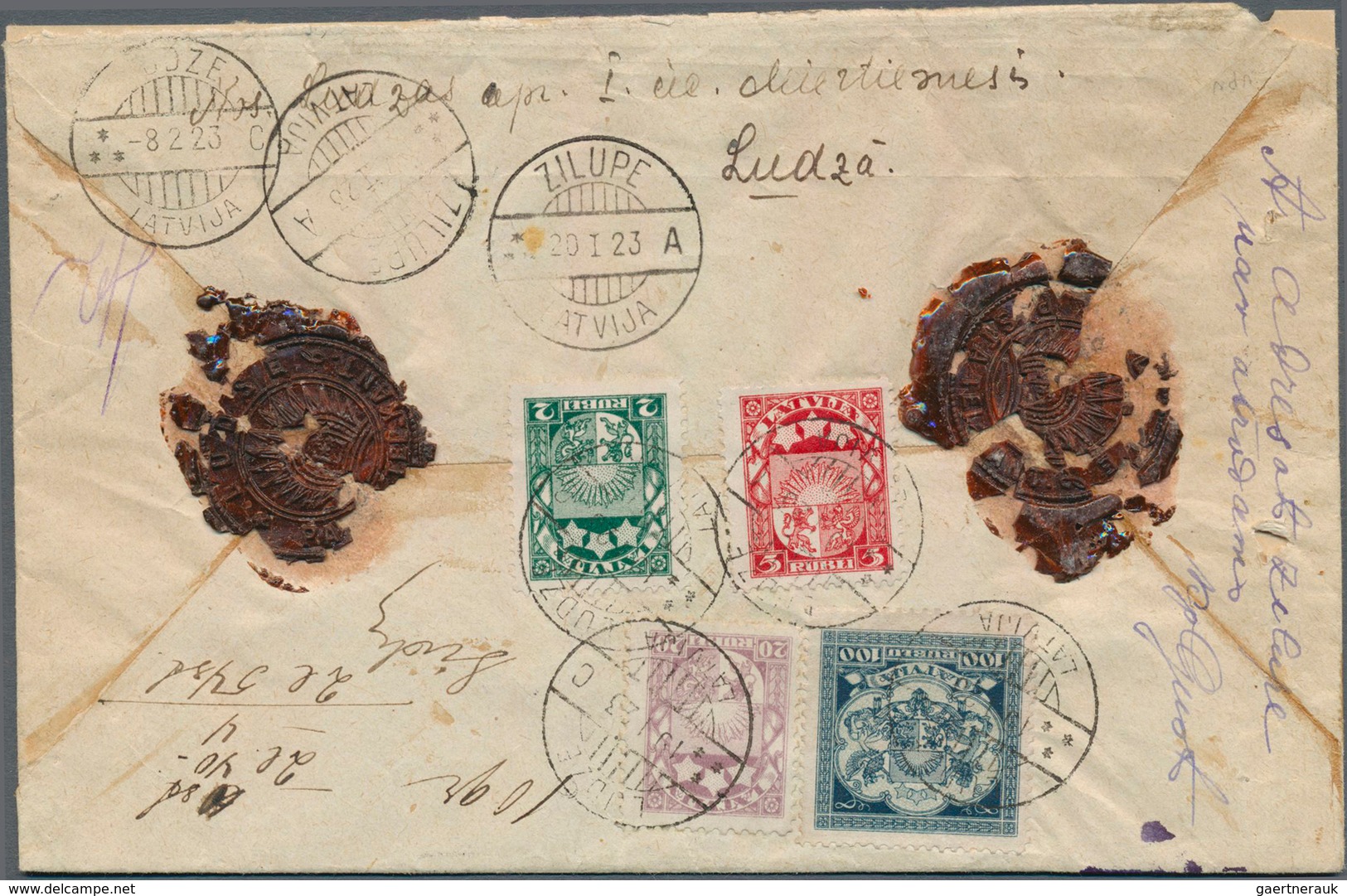 14936 Lettland: 1923, 127rbl. Franking (=2.54lat.) On Reverse Of Insured Letter 240lat./10gr. From "LUDZE - Lettonie