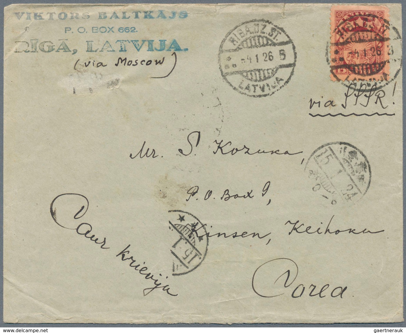 14938 Lettland: 1926, 2 X 5 S Yellow-green And 15 S Red-brown Mixed Franking On Cover From RIGA, 4.1.26, V - Lettland