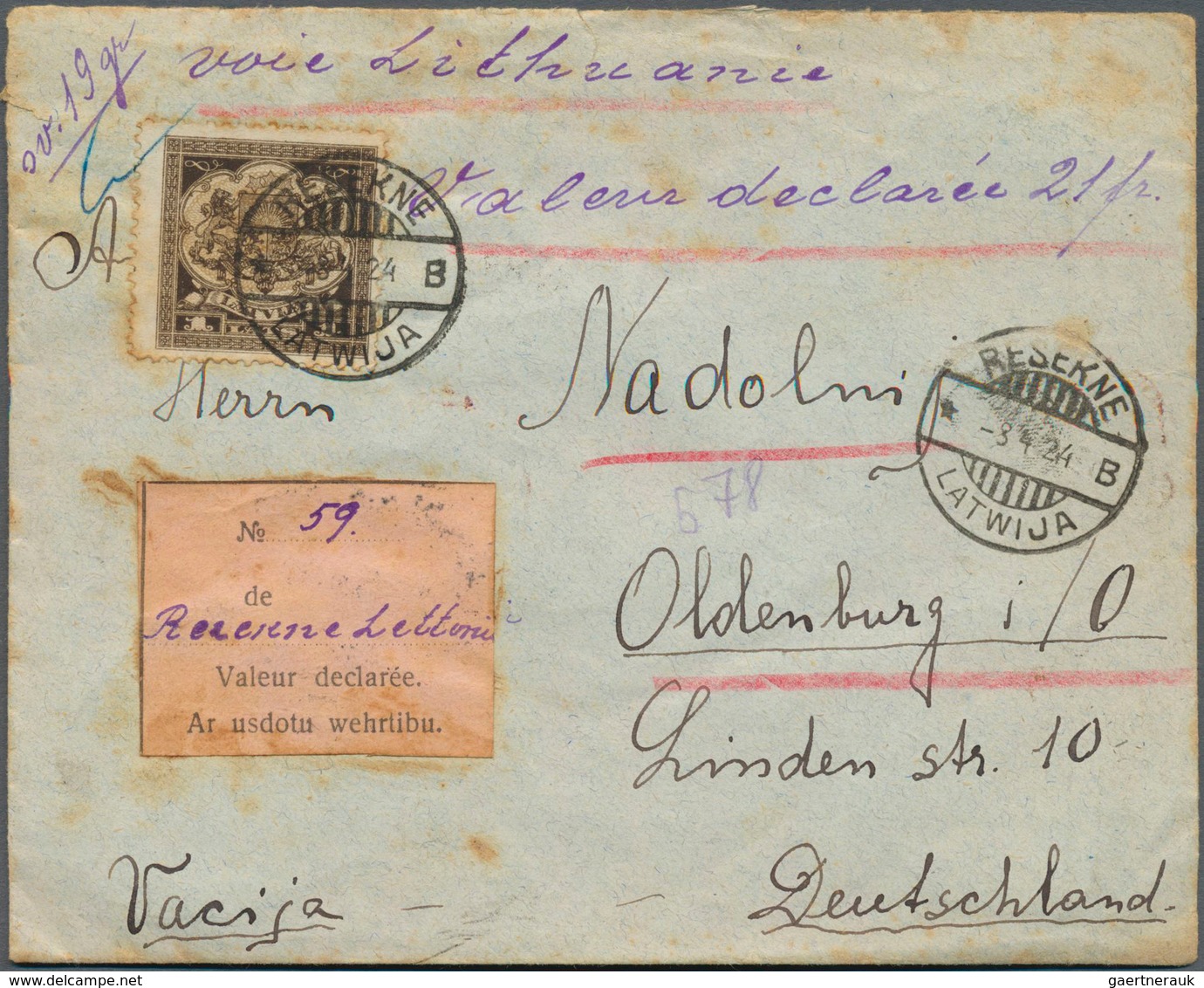 14941 Lettland: 1924, 1lat Brown, Single Franking On Insured Letter 21fr./19gr. From "RESEKNE B 8.4.24" (H - Lettland