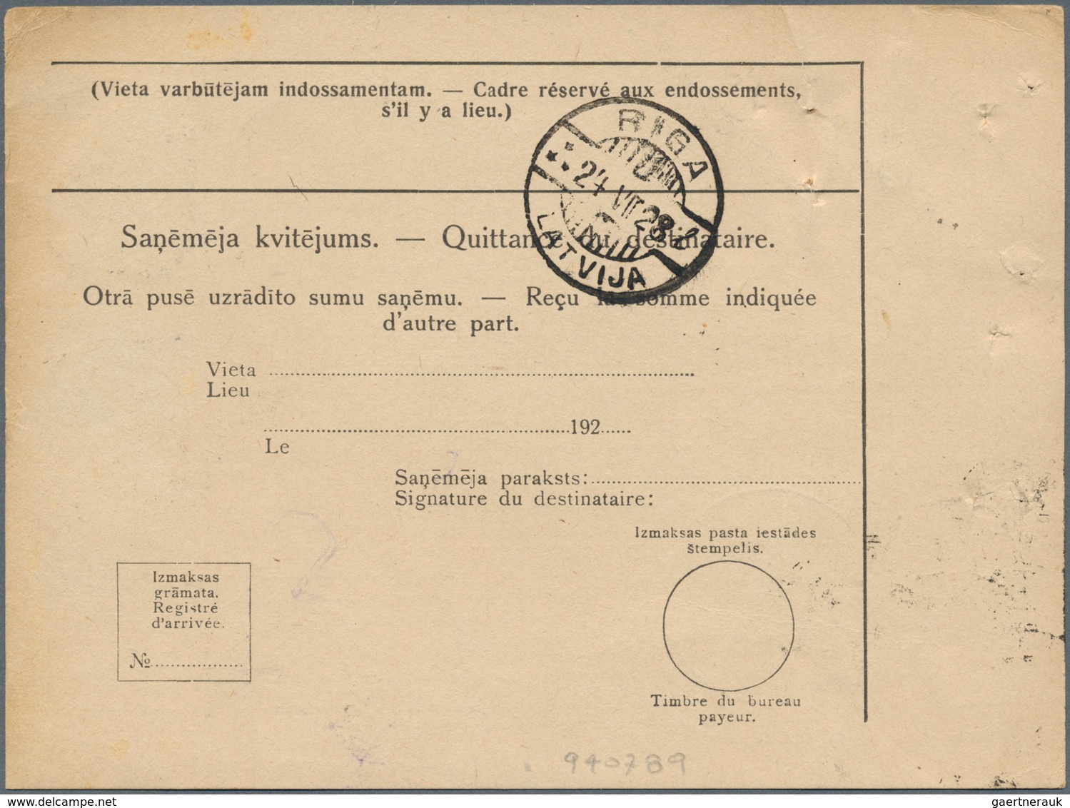 14947 Lettland: 1927, 20 S. Rose Tied By Cds. "RIGA 1.III.34" To Reverse To Complete Money Transfer Telegr - Lettland