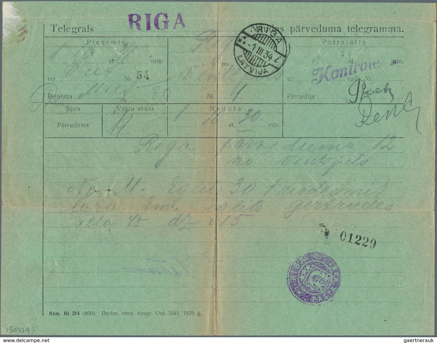 14947 Lettland: 1927, 20 S. Rose Tied By Cds. "RIGA 1.III.34" To Reverse To Complete Money Transfer Telegr - Lettonie