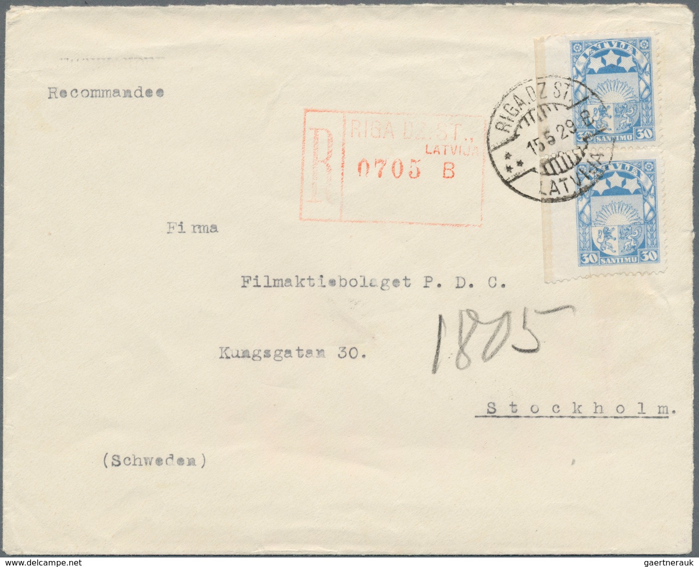 14948 Lettland: 1929, Registered Letter From RIGA 15.5.29 Franked With Vertical Pair 30 S Defiitives Which - Lettonie