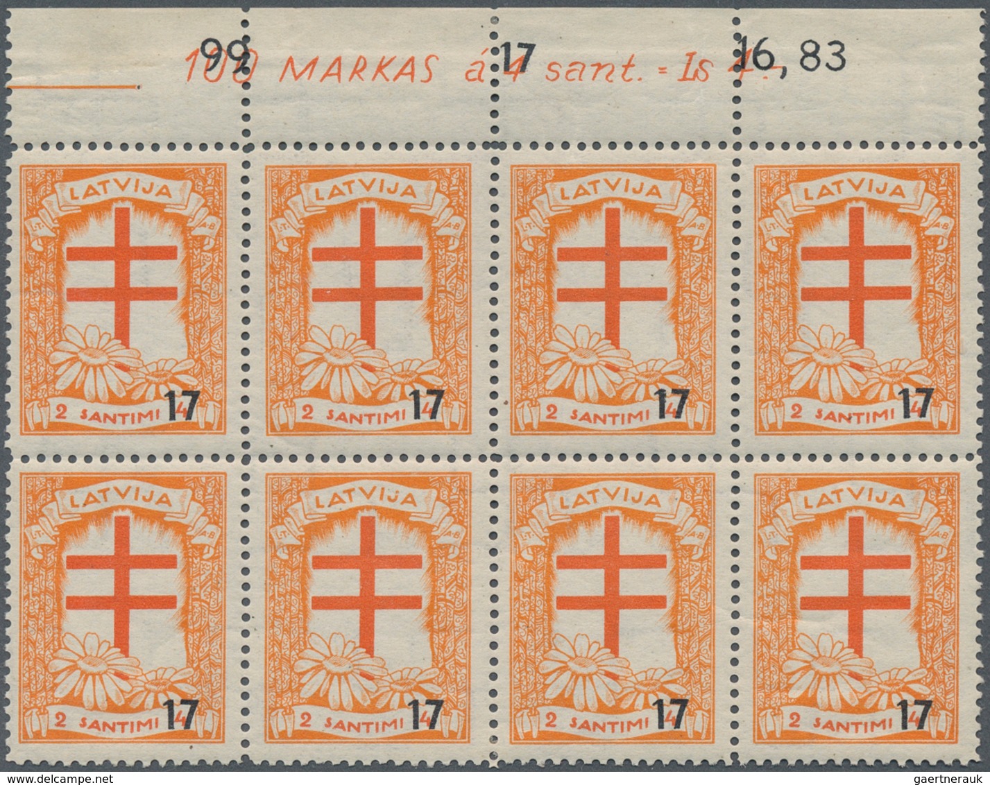 14959 Lettland: 1930, "Tuberkulose-Fürsorge", 2S-4S, Oberrand 8er-Block Mit Oberrand Und Kompletter Inschr - Lettland