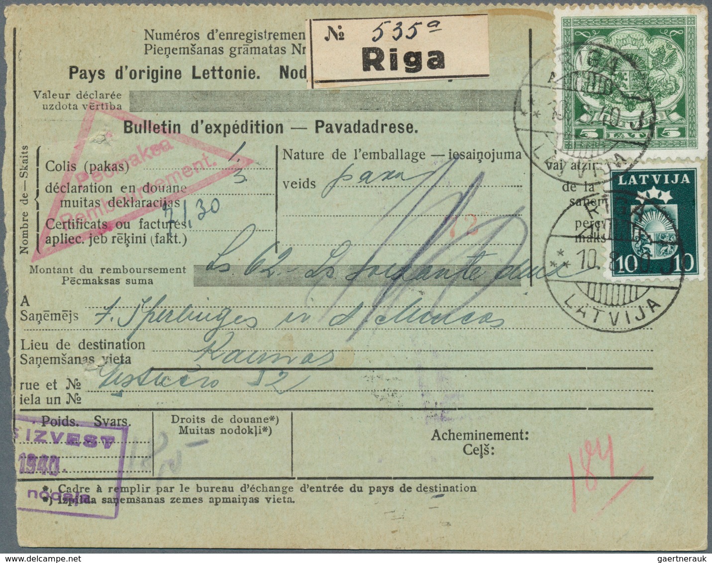 14970 Lettland: 1940, Parcel Card From RIGA 10.VIII. 40 Shortly After The Sovjet Occupation, With 6.30 Lat - Lettland