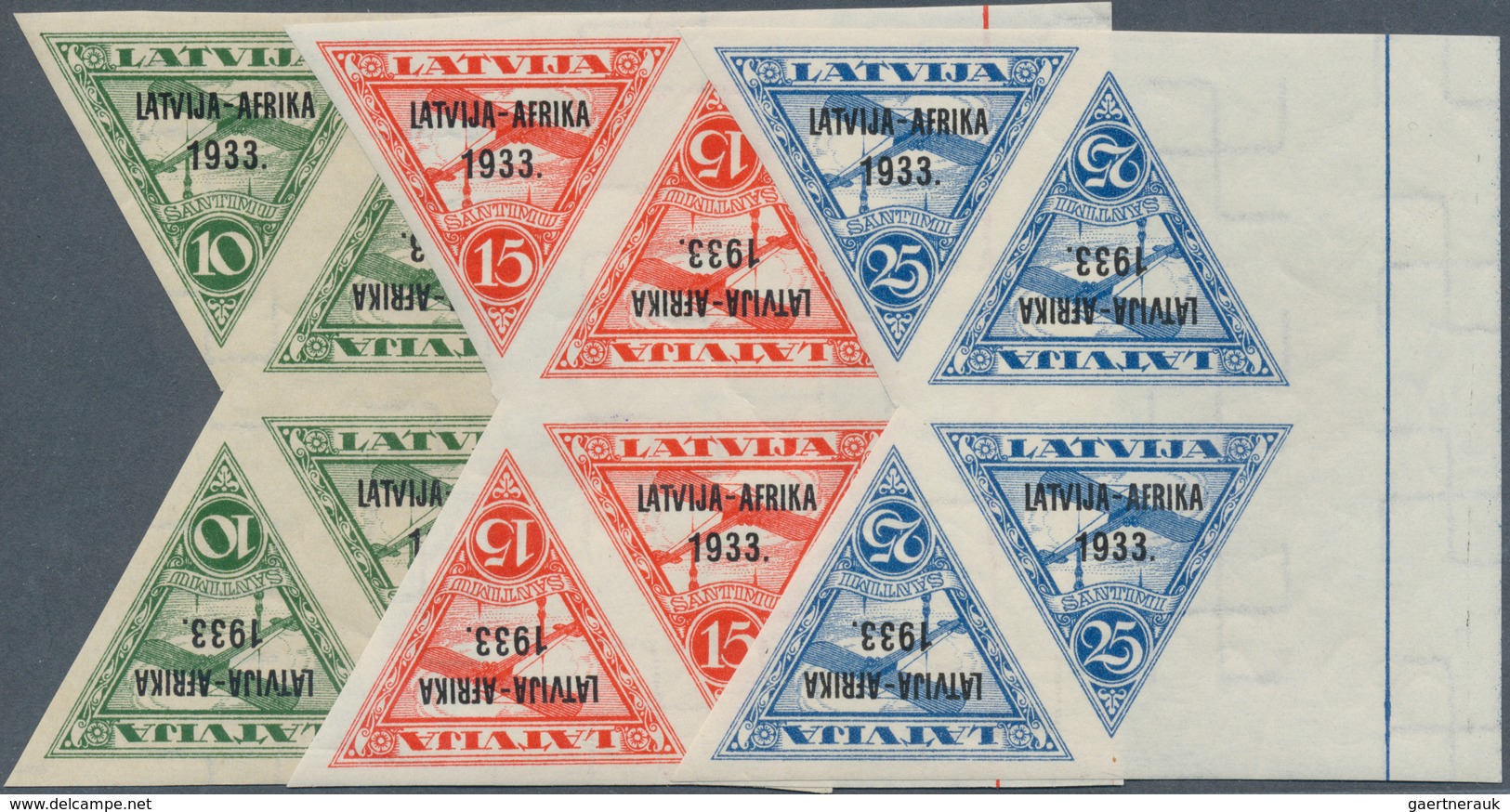 14972 Lettland: 1933, 10 S., 15 S. Und 25 S. "Erstflug Lettland-Gambia", Je Im 4er-Block "tete Beche" Mit - Lettland