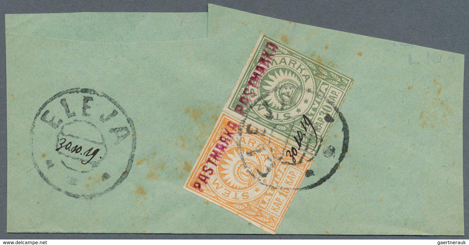 14994 Lettland - Lokalausgaben: Elley (Eleja): 1919, 15 Kap Orange-yellow And 30 Kap Green, Mixed Franking - Lettland