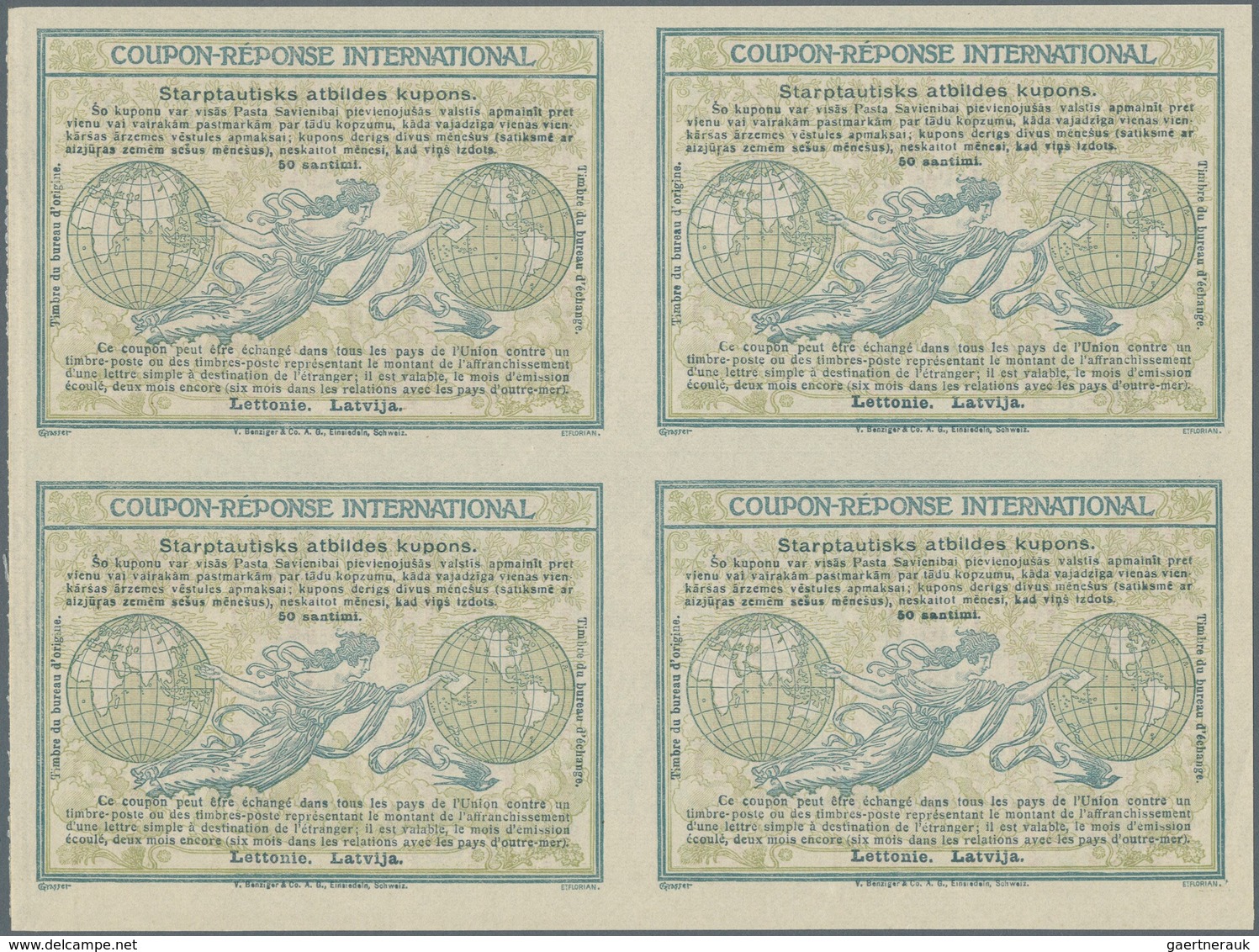 14995 Lettland - Ganzsachen: Design "Madrid" 1920 International Reply Coupon As Block Of Four 50 Santimi L - Lettonia