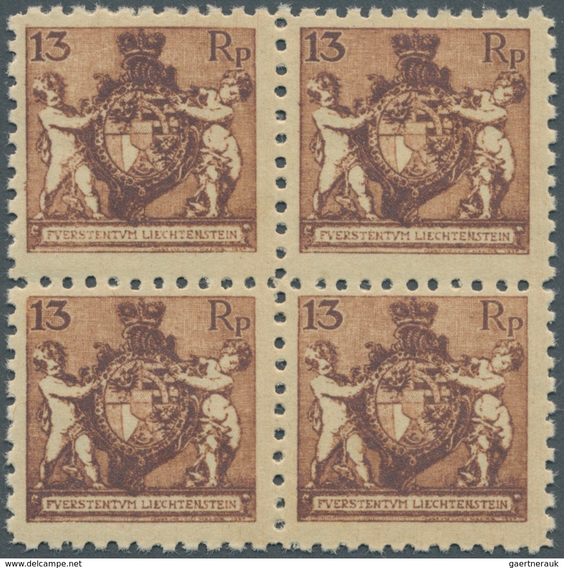 15010 Liechtenstein: 1921, 13 R. Freimarken-Ausgabe Tadellos Postfrischer 4er-Block, (SBK. 1.380.-) - Briefe U. Dokumente