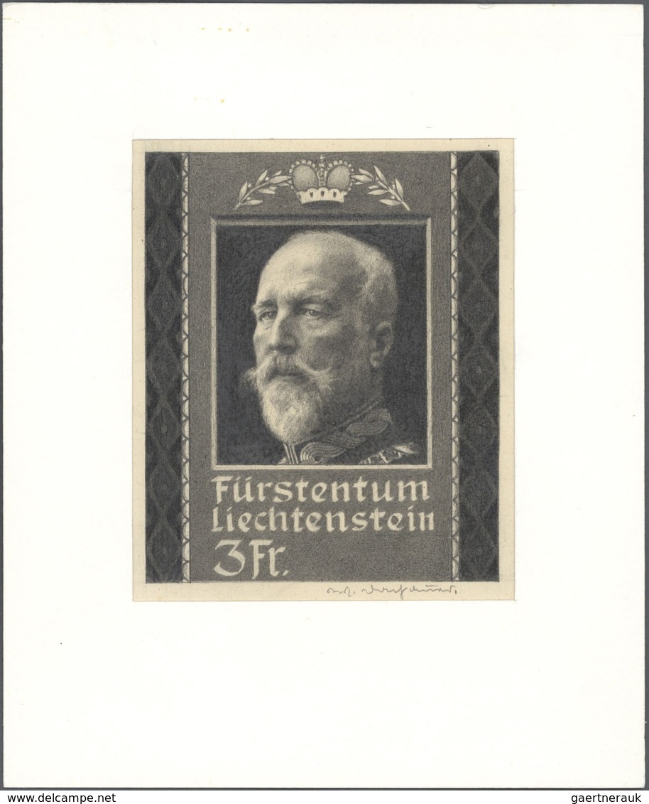 15022 Liechtenstein: 1930er/40er. Künstlerzeichnung Für Ein Nicht-verausgabtes 3 Fr Markendesign "Fürst Fr - Lettres & Documents