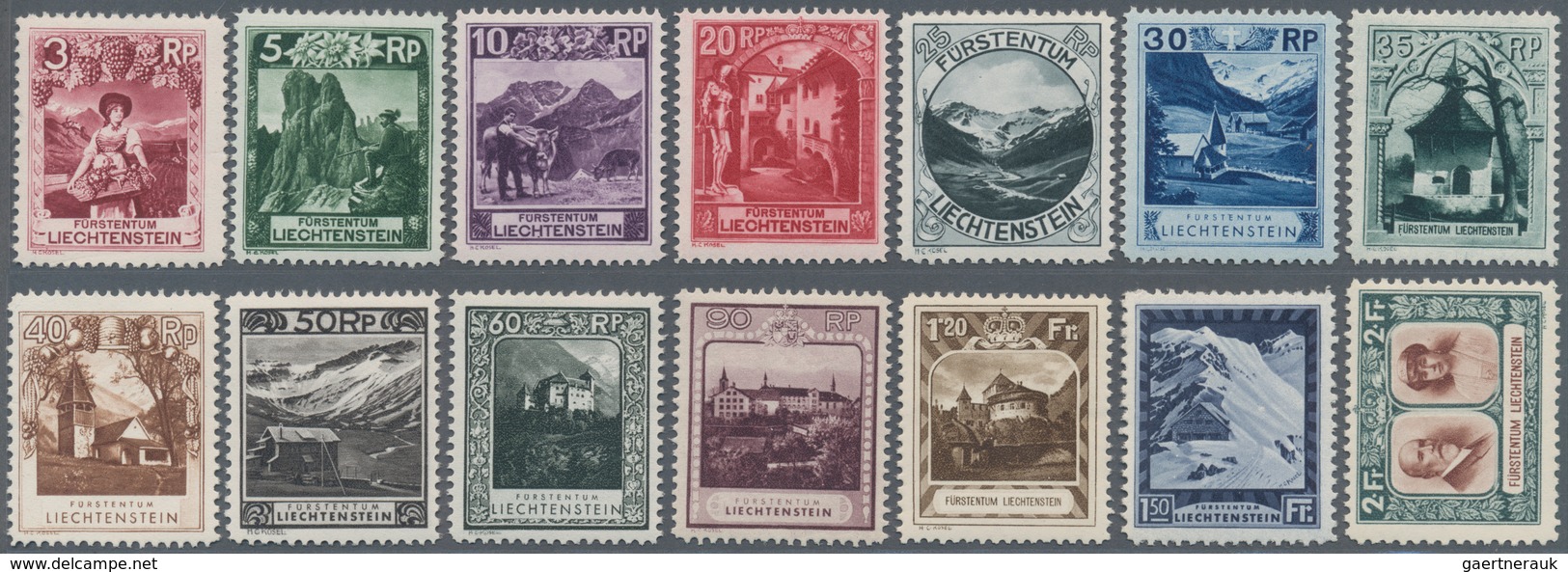 15023 Liechtenstein: 1930. Complete Definitive Set "Landscapes" (14 Values). Mixed Perforations. Mint, NH. - Lettres & Documents