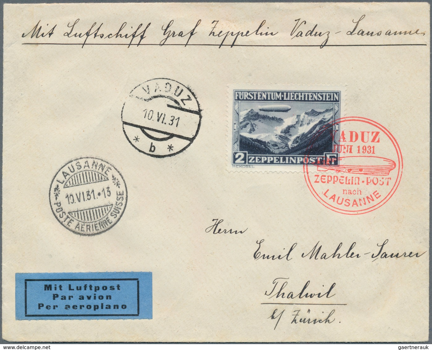 15031 Liechtenstein: 1931, 2 Fr. Zeppelin, Zentriertes Luxusstück Auf Zeppelinbrief, Befördert Mit Dem Luf - Lettres & Documents