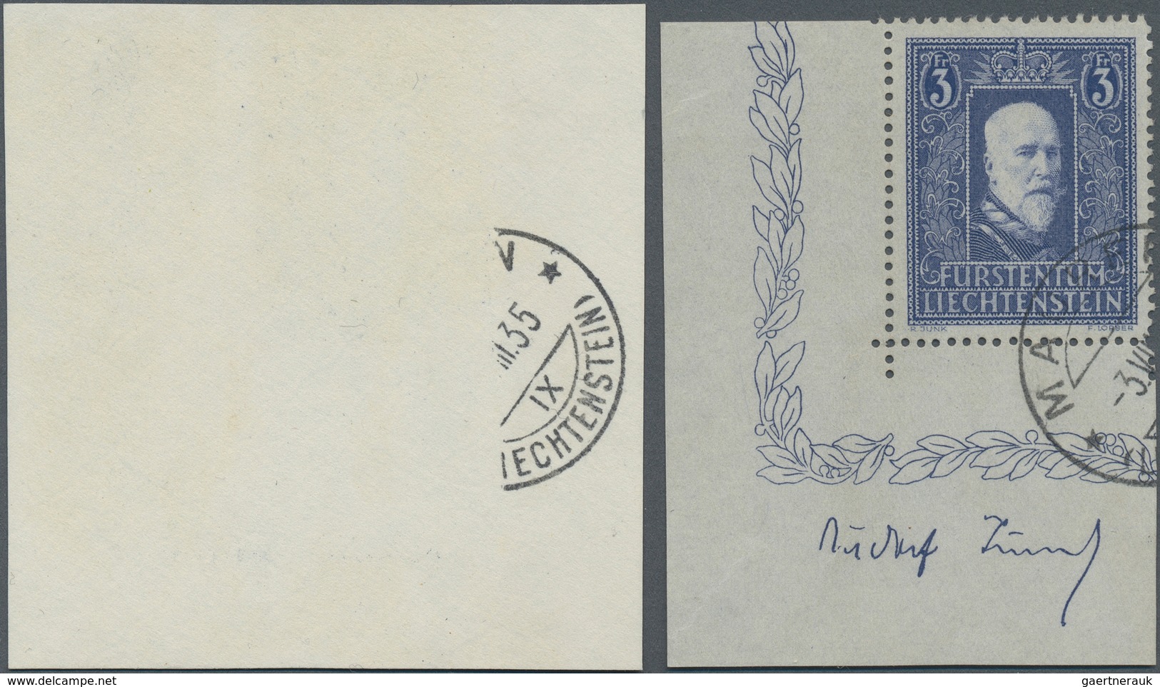 15045 Liechtenstein: 1933, 3 Fr. Fürst Franz I., Gest. Zentrierte Luxusbogenecke Mit Stecher-Inschrift. - Lettres & Documents