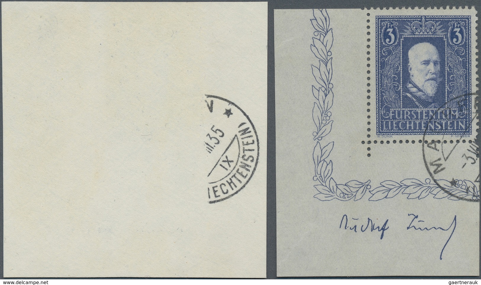 15045 Liechtenstein: 1933, 3 Fr. Fürst Franz I., Gest. Zentrierte Luxusbogenecke Mit Stecher-Inschrift. - Briefe U. Dokumente