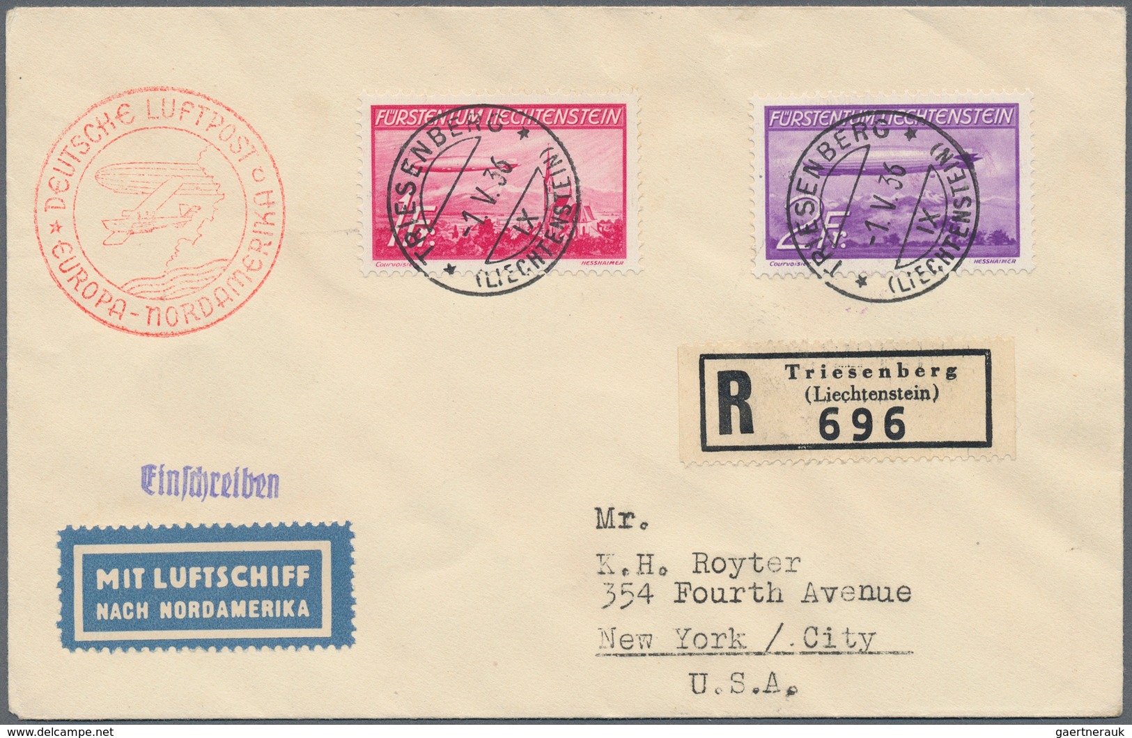 15046 Liechtenstein: 1936, 1 Fr. Und 2 Fr. Auf Brief Mit Der Nordamerikafahrt Der Hindenburg Von "TRIESENB - Briefe U. Dokumente