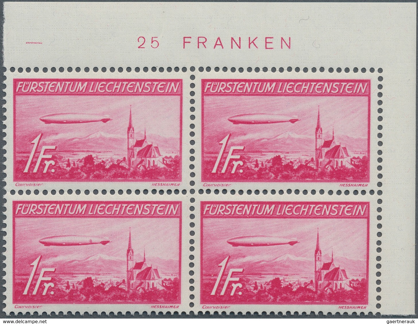 15047 Liechtenstein: 1936, 1 Fr. - 2 Fr. Zeppeline, Postfr. Ungefaltete Luxuseckrand Viererblocks V. Oben - Storia Postale