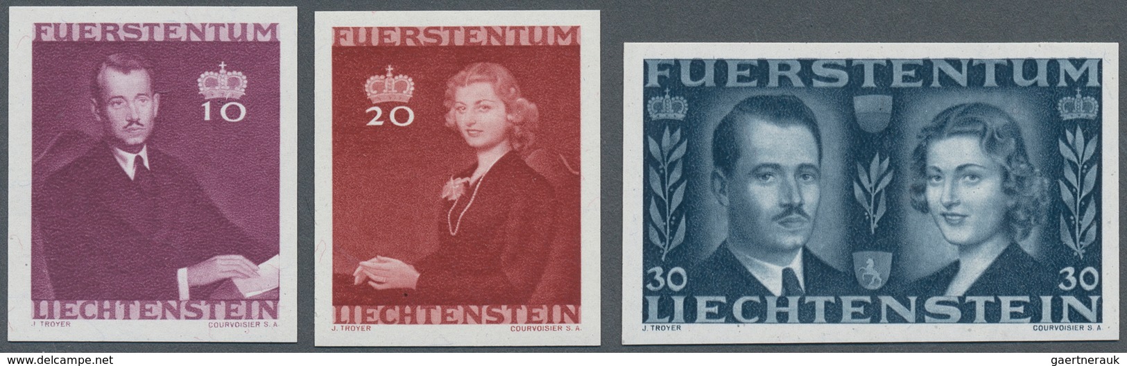 15049 Liechtenstein: 1943, Ausgabe Vermählung UNGEZÄHNT, Kompletter Satz (3 Werte). Tadellos Postfrische S - Lettres & Documents