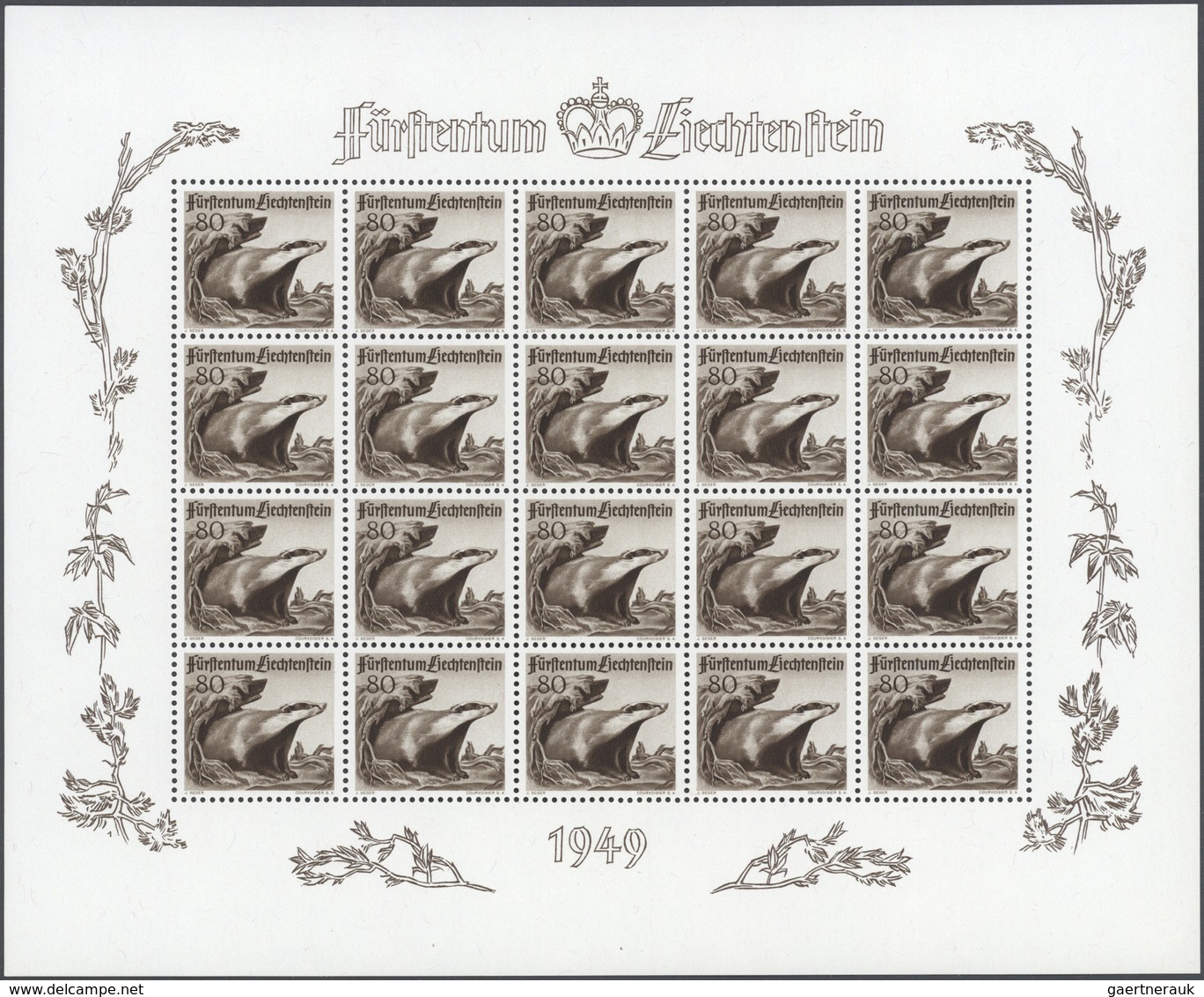 15051 Liechtenstein: 1950, 20 Rp.- 80 Rp., Jagd, Kleinbogensatz A 20 Marken, Tadellos Postfr. (L.B.K. 2.20 - Lettres & Documents