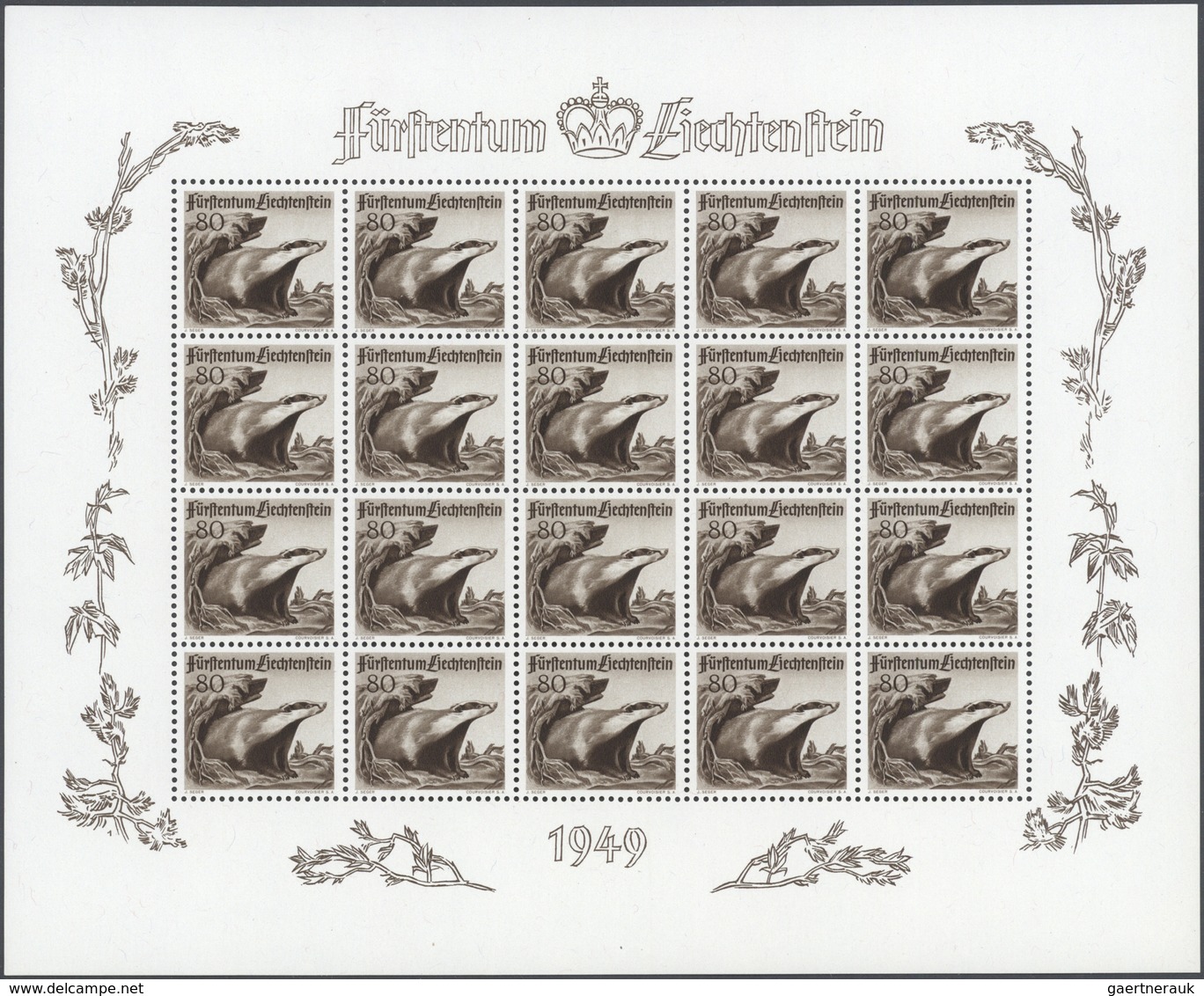 15051 Liechtenstein: 1950, 20 Rp.- 80 Rp., Jagd, Kleinbogensatz A 20 Marken, Tadellos Postfr. (L.B.K. 2.20 - Briefe U. Dokumente