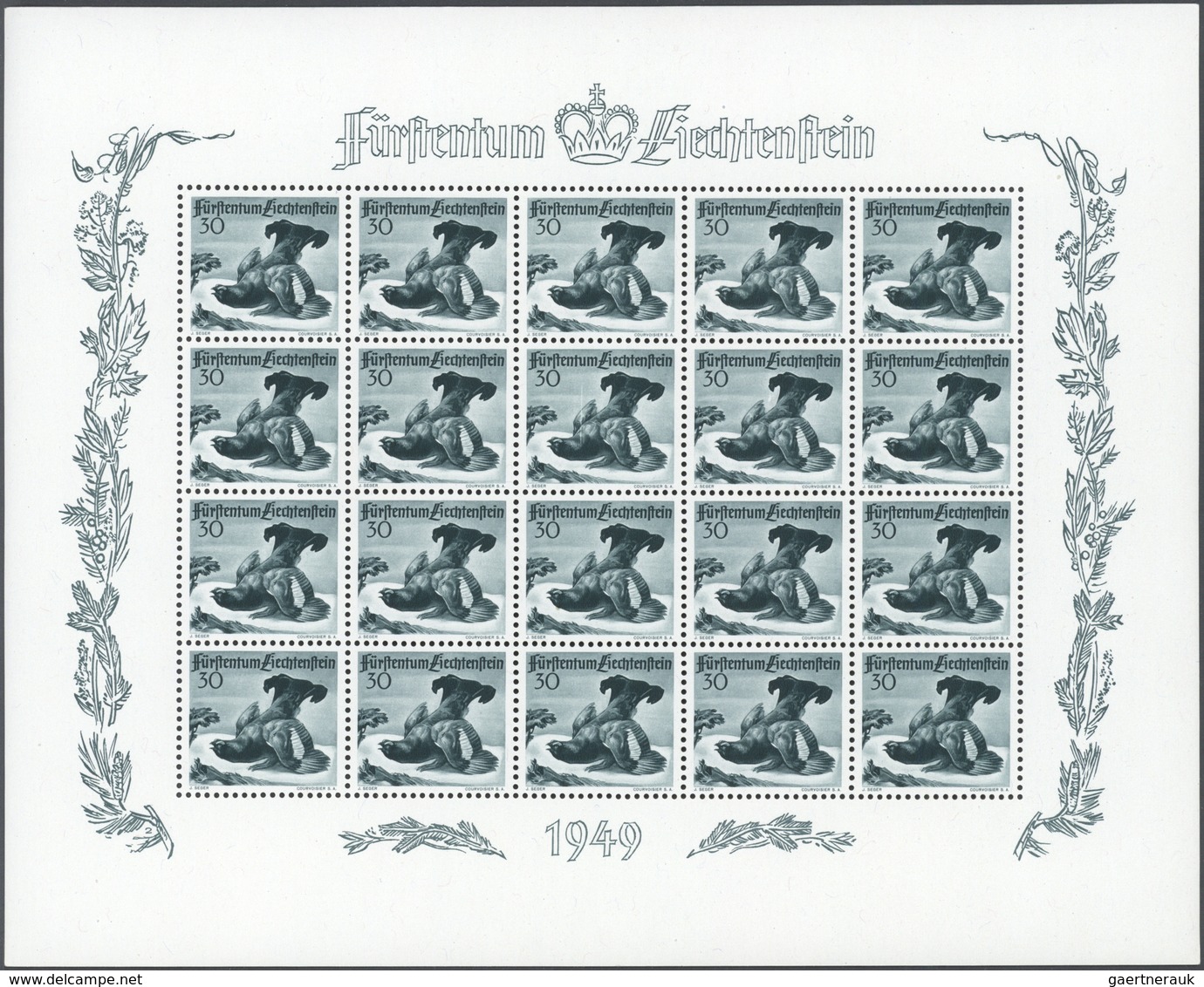 15051 Liechtenstein: 1950, 20 Rp.- 80 Rp., Jagd, Kleinbogensatz A 20 Marken, Tadellos Postfr. (L.B.K. 2.20 - Lettres & Documents