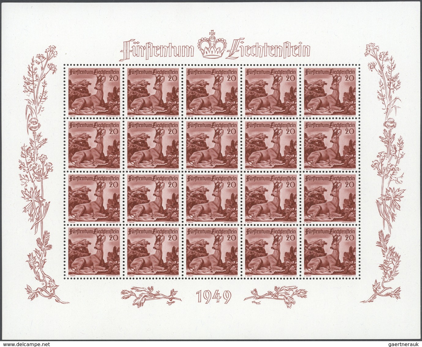 15051 Liechtenstein: 1950, 20 Rp.- 80 Rp., Jagd, Kleinbogensatz A 20 Marken, Tadellos Postfr. (L.B.K. 2.20 - Lettres & Documents