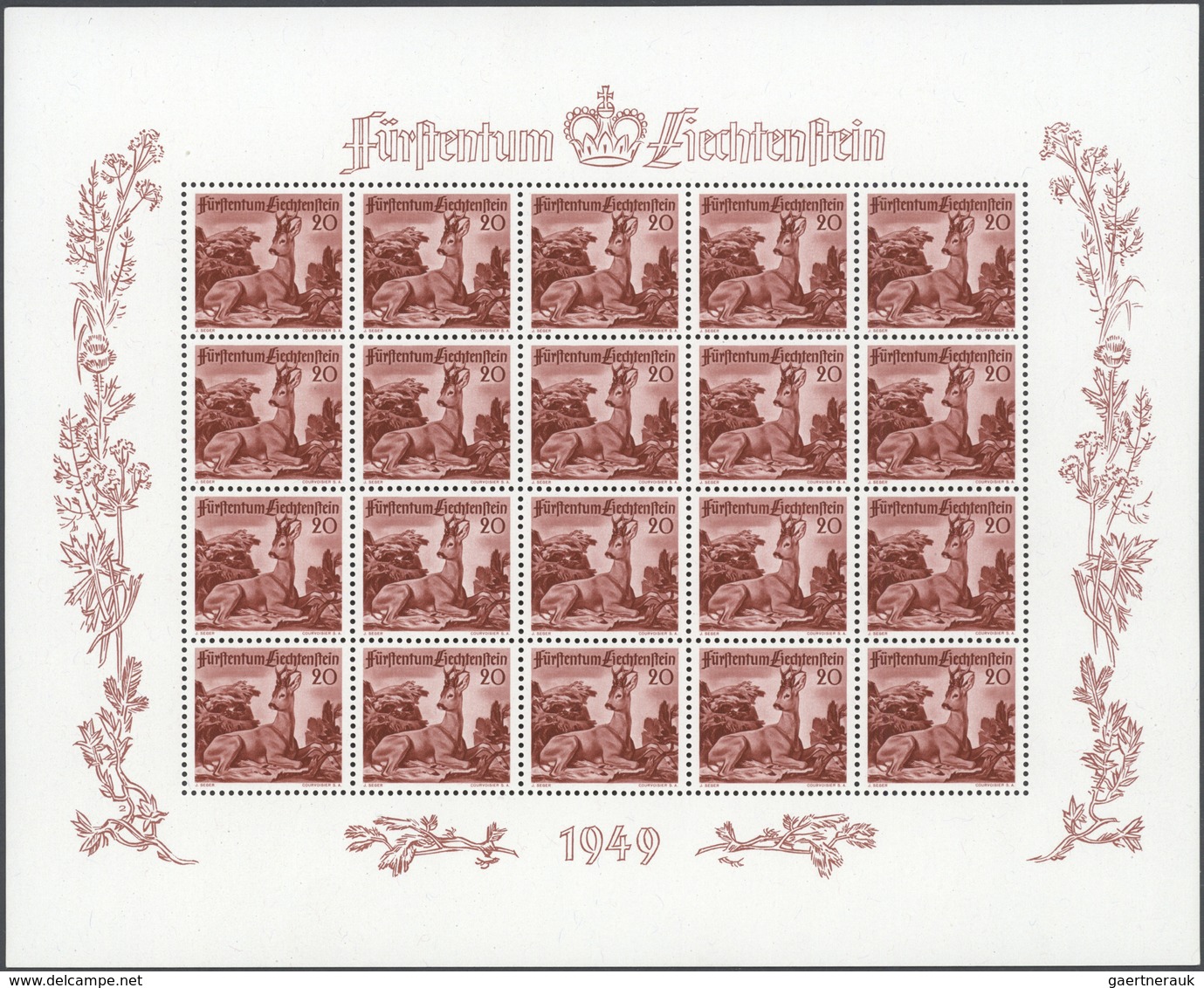 15051 Liechtenstein: 1950, 20 Rp.- 80 Rp., Jagd, Kleinbogensatz A 20 Marken, Tadellos Postfr. (L.B.K. 2.20 - Briefe U. Dokumente