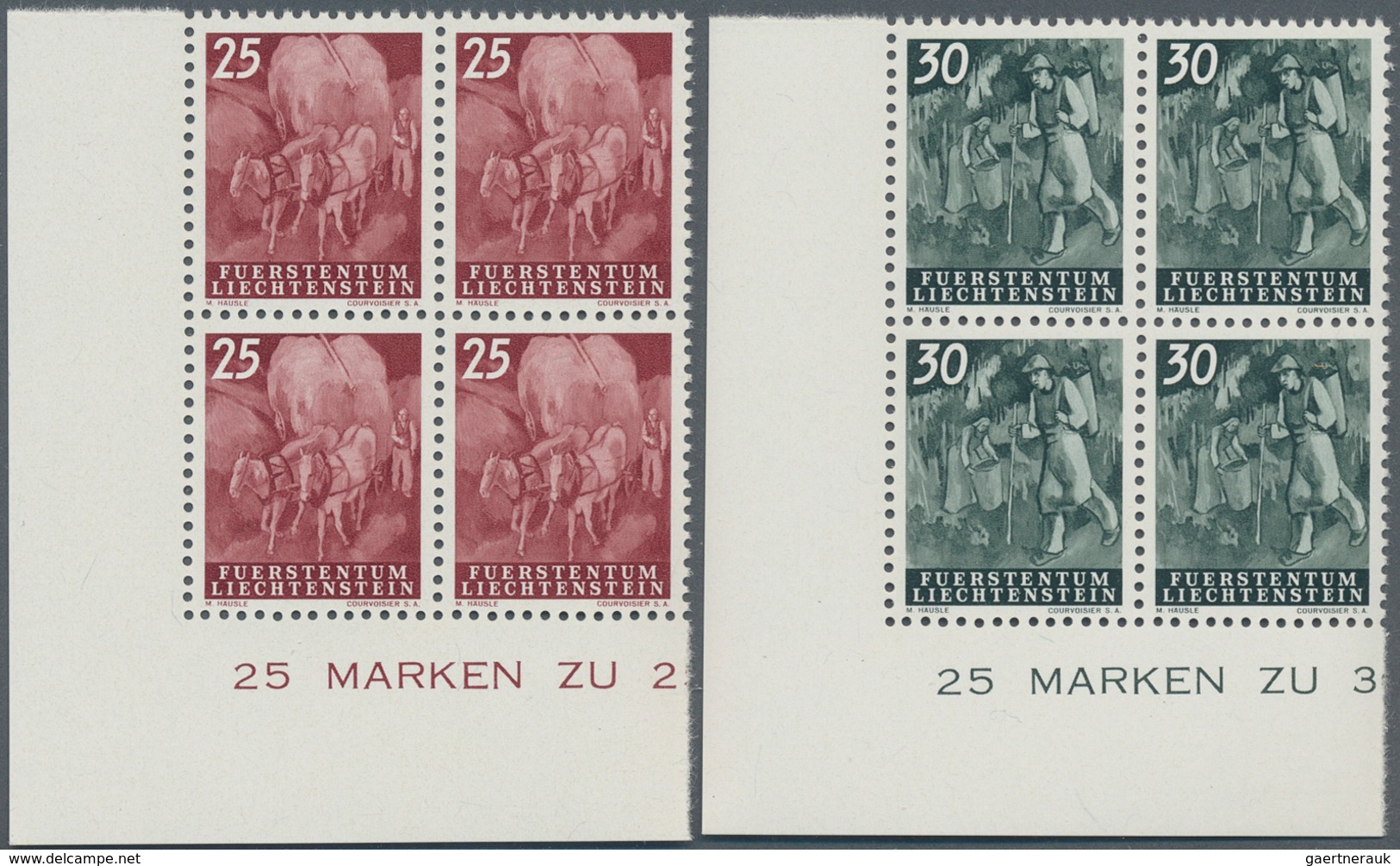 15052 Liechtenstein: 1951, 5 Rp.- 1 Fr., Freimarken Landarbeit, Kpl. Satz Im Luxuseckrand-Viererblock, Mit - Briefe U. Dokumente