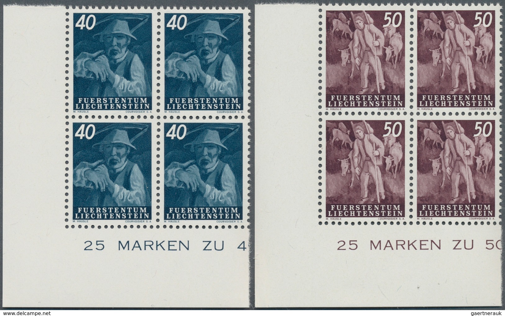 15052 Liechtenstein: 1951, 5 Rp.- 1 Fr., Freimarken Landarbeit, Kpl. Satz Im Luxuseckrand-Viererblock, Mit - Briefe U. Dokumente