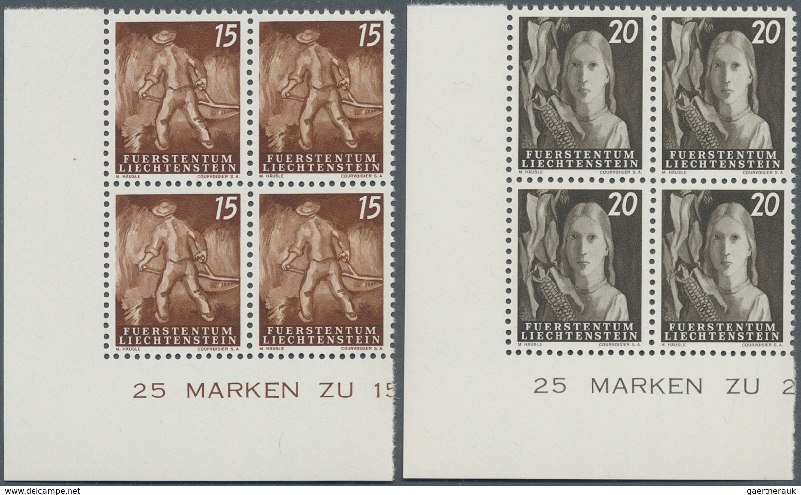15052 Liechtenstein: 1951, 5 Rp.- 1 Fr., Freimarken Landarbeit, Kpl. Satz Im Luxuseckrand-Viererblock, Mit - Briefe U. Dokumente