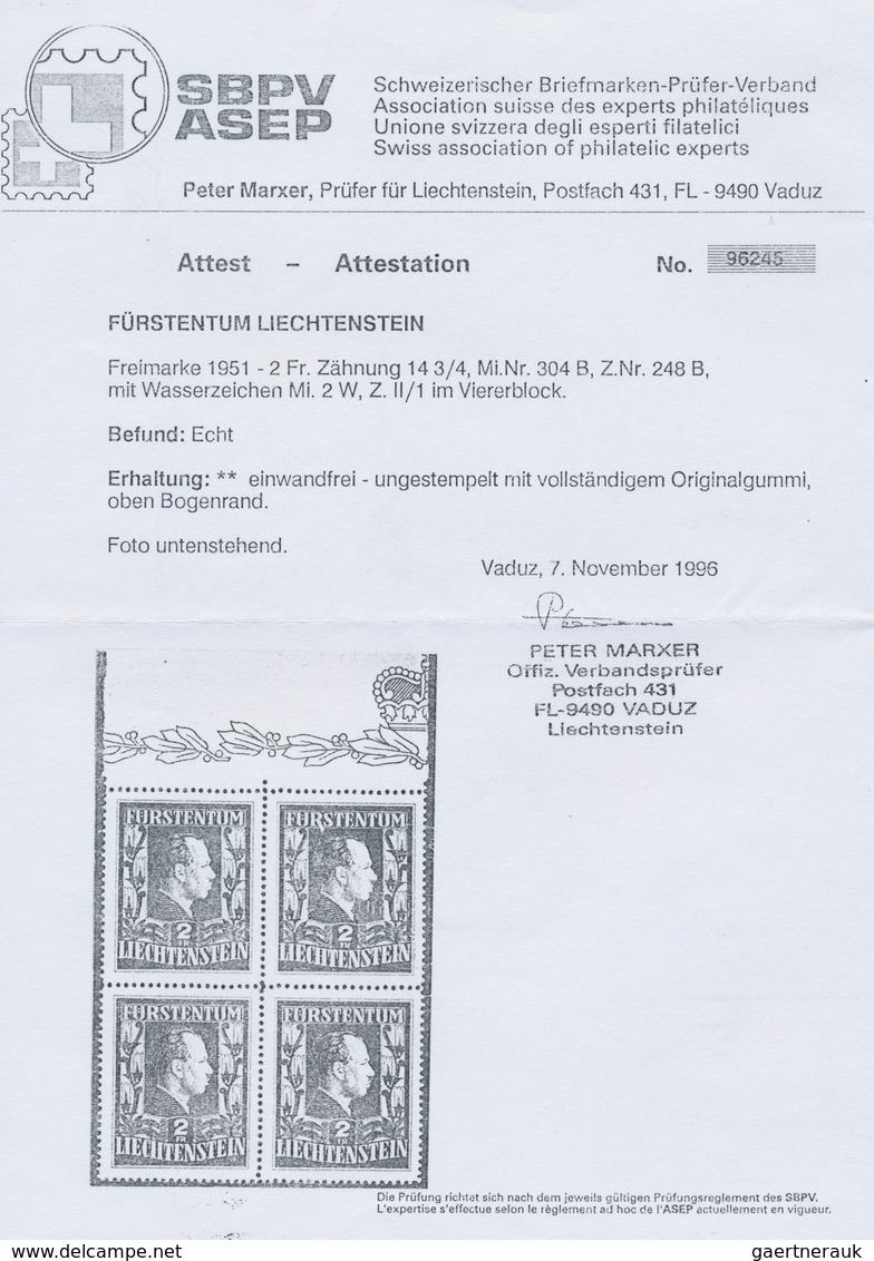 15053 Liechtenstein: 1951, 2 Fr. Fürst Franz Josef II., WZ. W, Perfekt Zentriertes Postfr. Luxusoberrandst - Briefe U. Dokumente