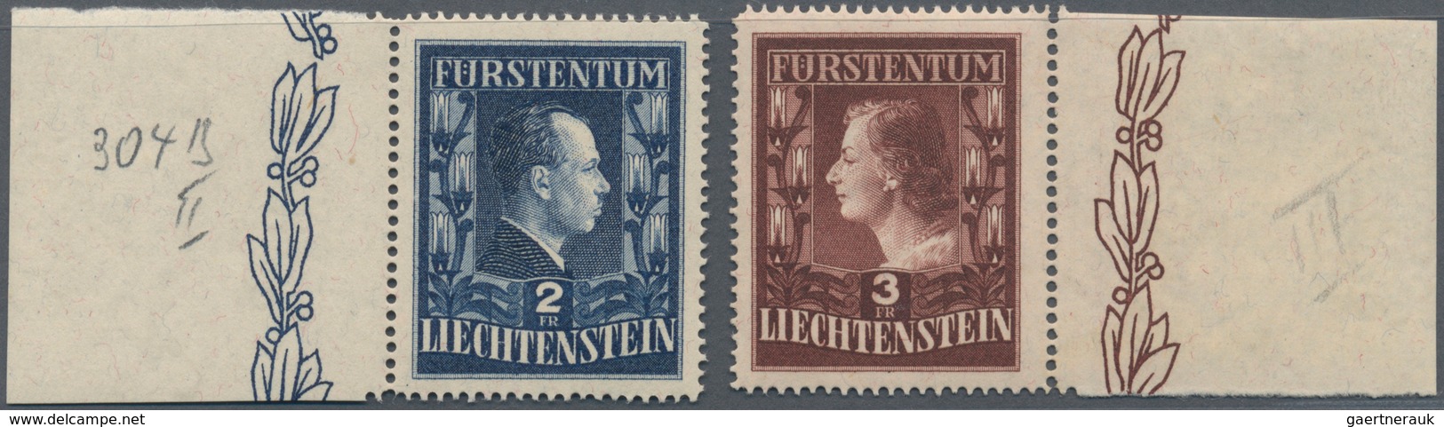 15057 Liechtenstein: 1951, 2 Fr. Und 3 Fr. Jeweils In Der Seltenen Zähnung 14 3/4 Und Einheitlicher Wasser - Lettres & Documents