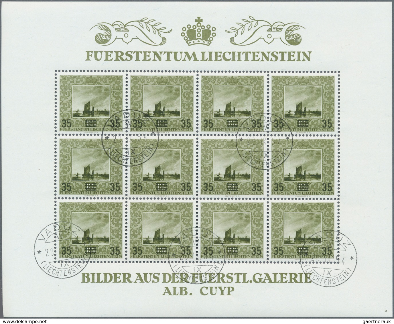 15062 Liechtenstein: 1954, 35 Rp.- 65 Rp., Gemälde, Gest. Luxuskleinbogenserie Mit Abart 328 I, Mit Erstta - Lettres & Documents