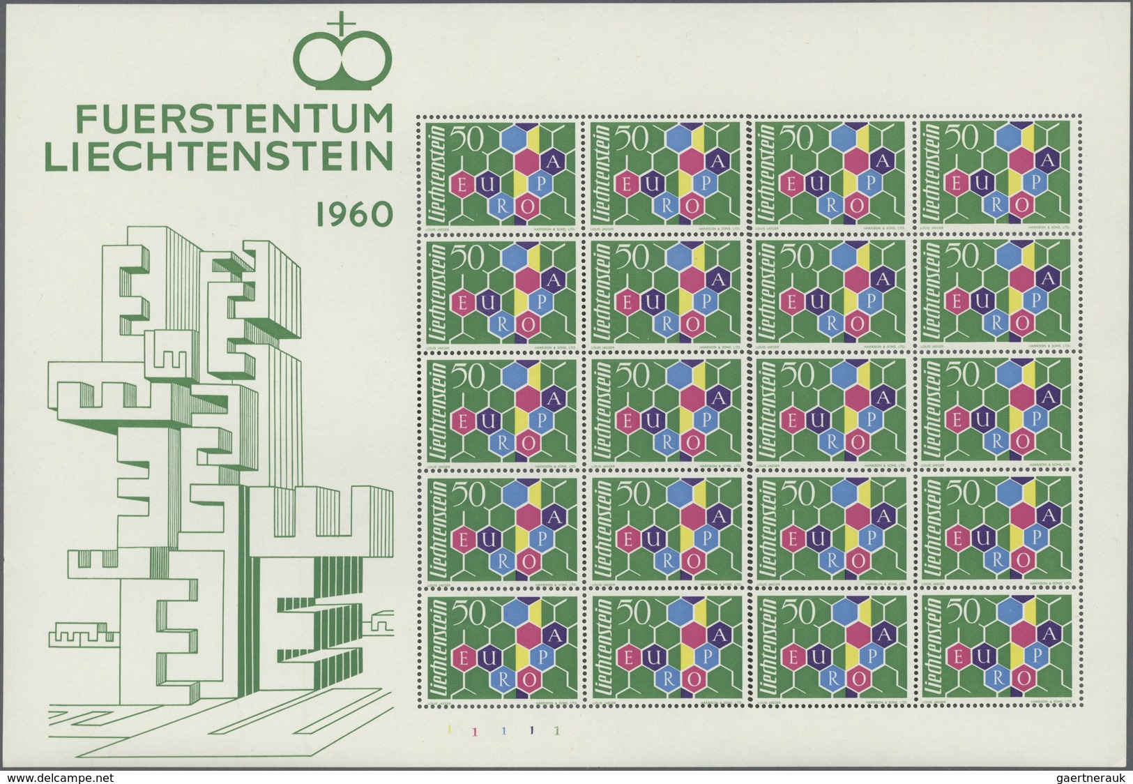 15064 Liechtenstein: 1960, 50 Rp. Europa Im Kleinbogen Zu 20 Marken, Postfrisch, Mittig Senkrecht Mit Inte - Lettres & Documents
