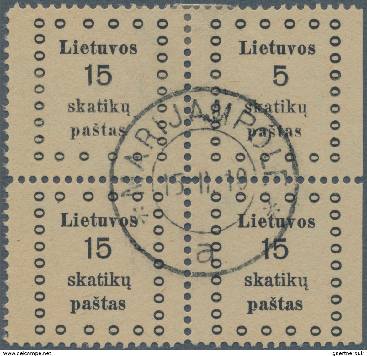 15079 Litauen: 1919, 15 Sk Black Block Of Four Reprint With Plate Flaw "5" On Right Upper Stamp (fields 9+ - Lituanie