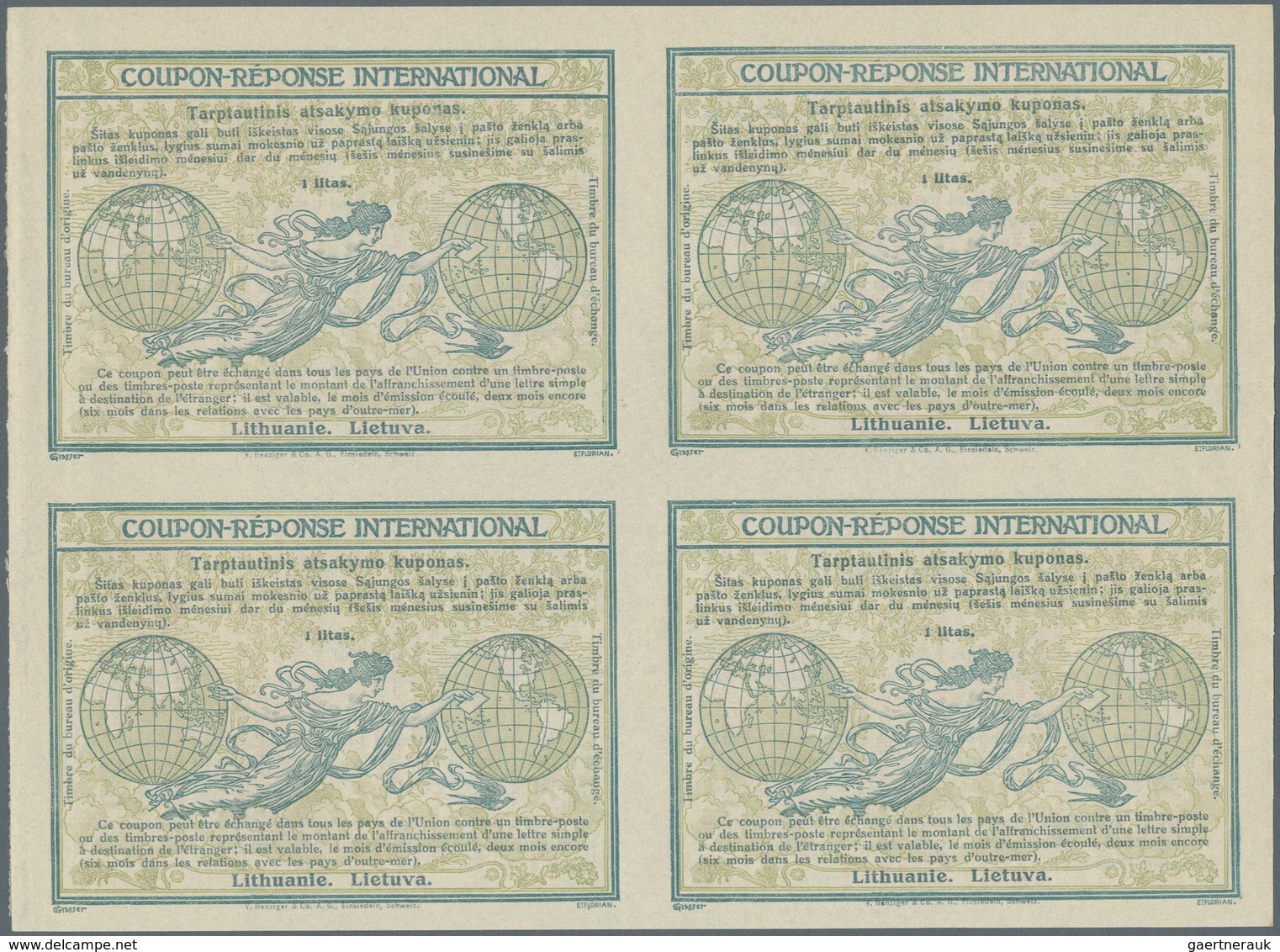 15088 Litauen - Ganzsachen: Design "Madrid" 1920 International Reply Coupon As Block Of Four 1 Litas Lietu - Litauen