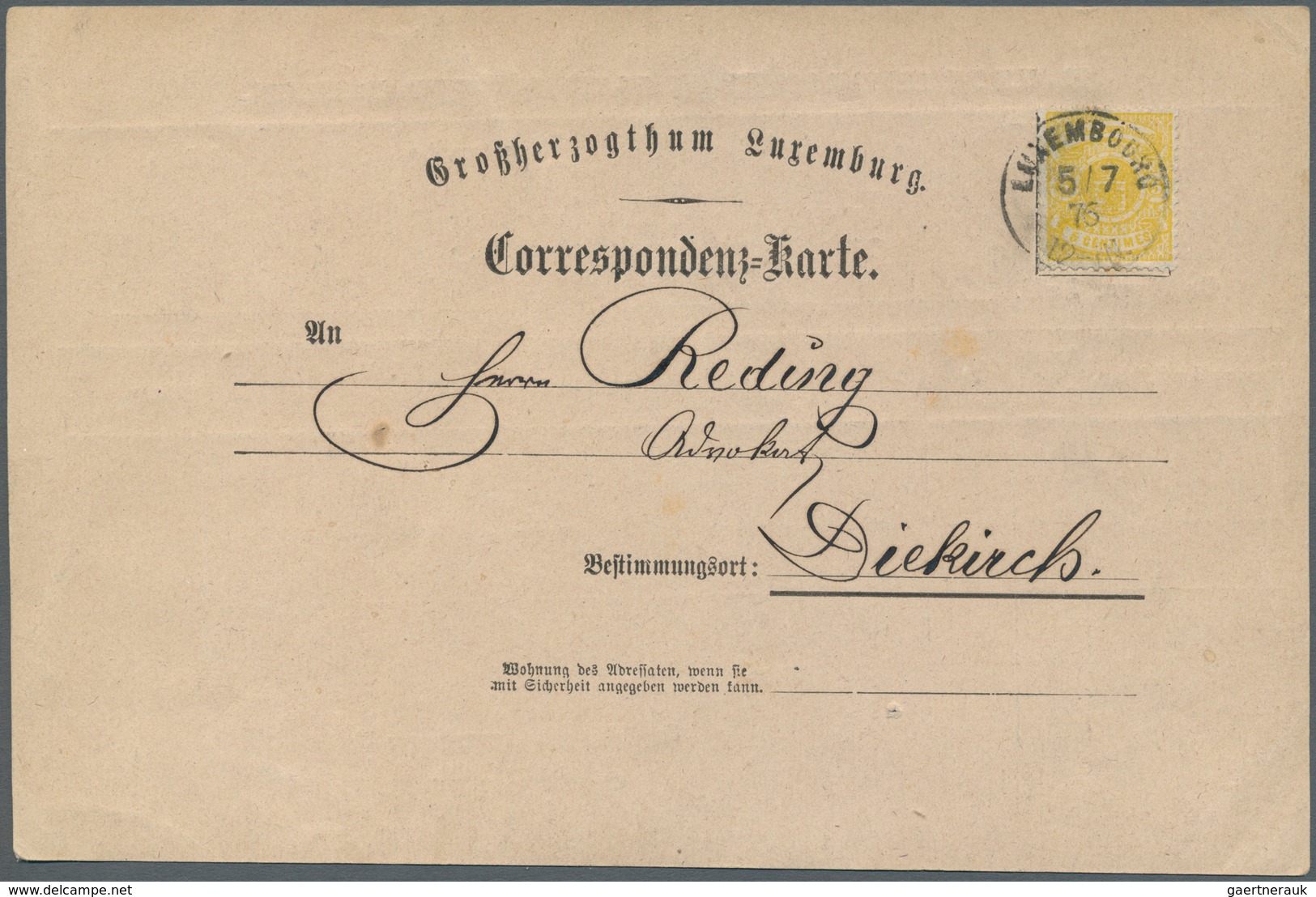 15093 Luxemburg: 1875, 5 C. Yellow Tied By Cds. "LUXEMBOURG 5.7.76" To Private Pre-printing Card "Großherz - Sonstige & Ohne Zuordnung