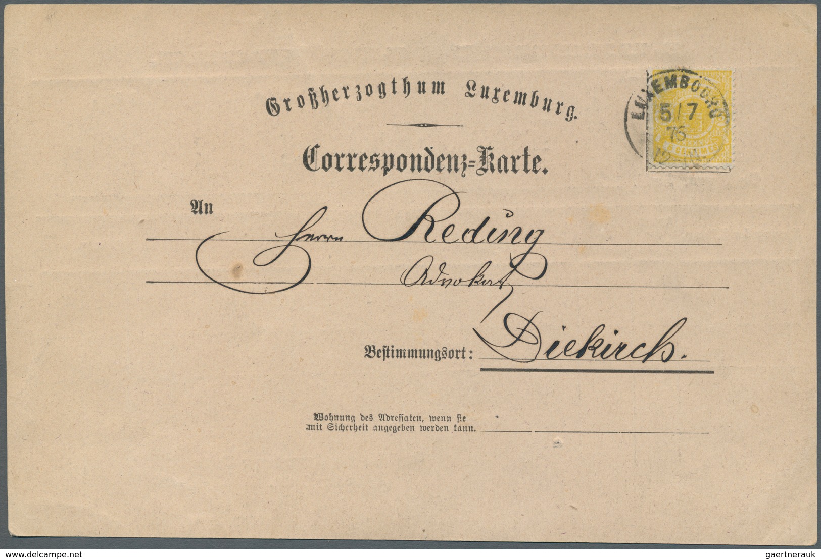 15093 Luxemburg: 1875, 5 C. Yellow Tied By Cds. "LUXEMBOURG 5.7.76" To Private Pre-printing Card "Großherz - Autres & Non Classés