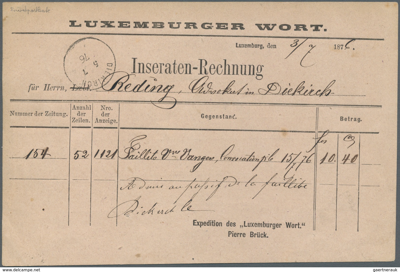 15093 Luxemburg: 1875, 5 C. Yellow Tied By Cds. "LUXEMBOURG 5.7.76" To Private Pre-printing Card "Großherz - Sonstige & Ohne Zuordnung