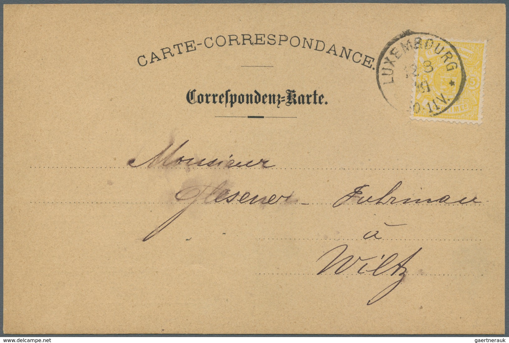 15094 Luxemburg: 1875, 5 C. Yellow Tied By Cds. "LUXEMBURG 12.8.81" To Private Pre-printing Card "Carte-Co - Autres & Non Classés