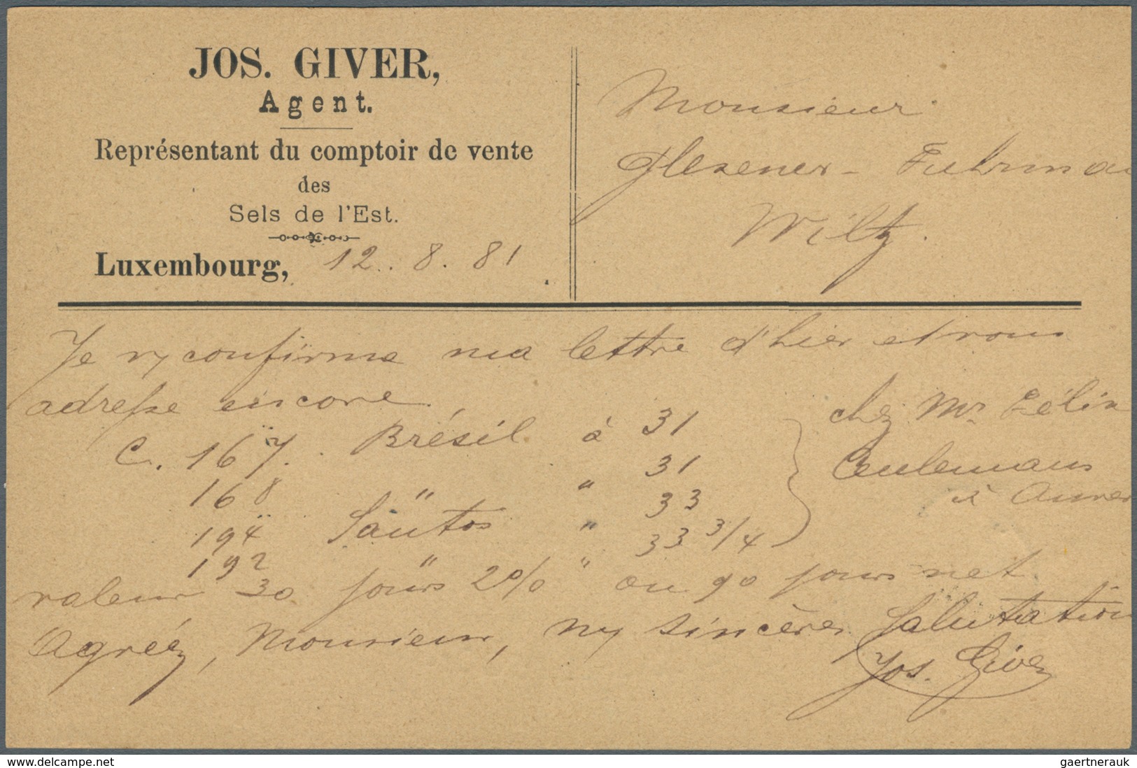 15094 Luxemburg: 1875, 5 C. Yellow Tied By Cds. "LUXEMBURG 12.8.81" To Private Pre-printing Card "Carte-Co - Autres & Non Classés